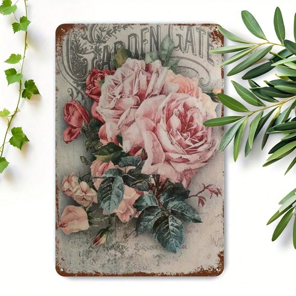 Vintage Roses Floral Tin Sign 8x12in Shabby Chic Rustic Farmhouse Wall Art Garden Bathroom Home Decor Unframed