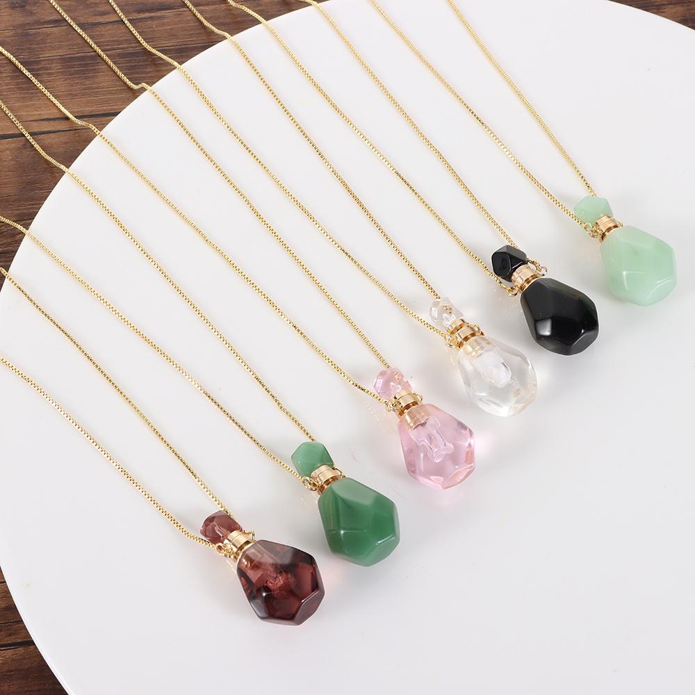 Natural Stone Perfume Bottle Necklace Amethysts Quartz Water Drop Pendant Necklace Crystal Essential Oil Diffuser Vial Jewelry