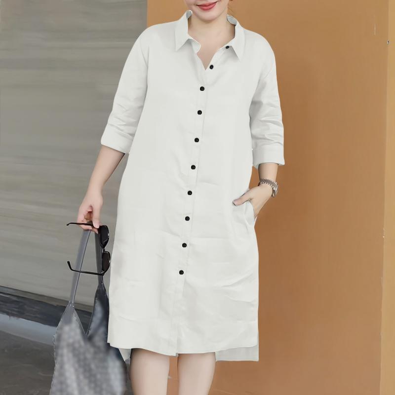 ZANZEA Vestido feminino casual gola virada para baixo manga 3/4 camisa solta