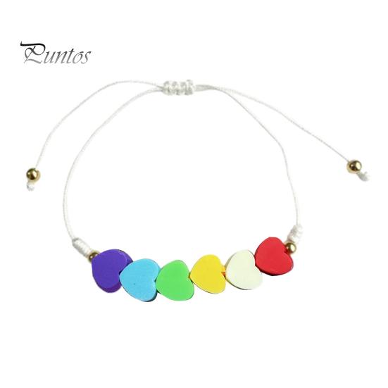 Cute Layered Cord Jewelry Colorful Hearts Bracelet, Handmade Braided String Adjustable Travel Vacation Wrist Accessory Heart Shaped Clay Beads