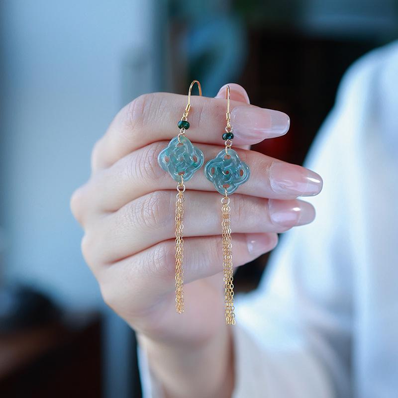 Elegant Burmese Jade Ruyi Knot Tassel Earrings with Abacus Beads