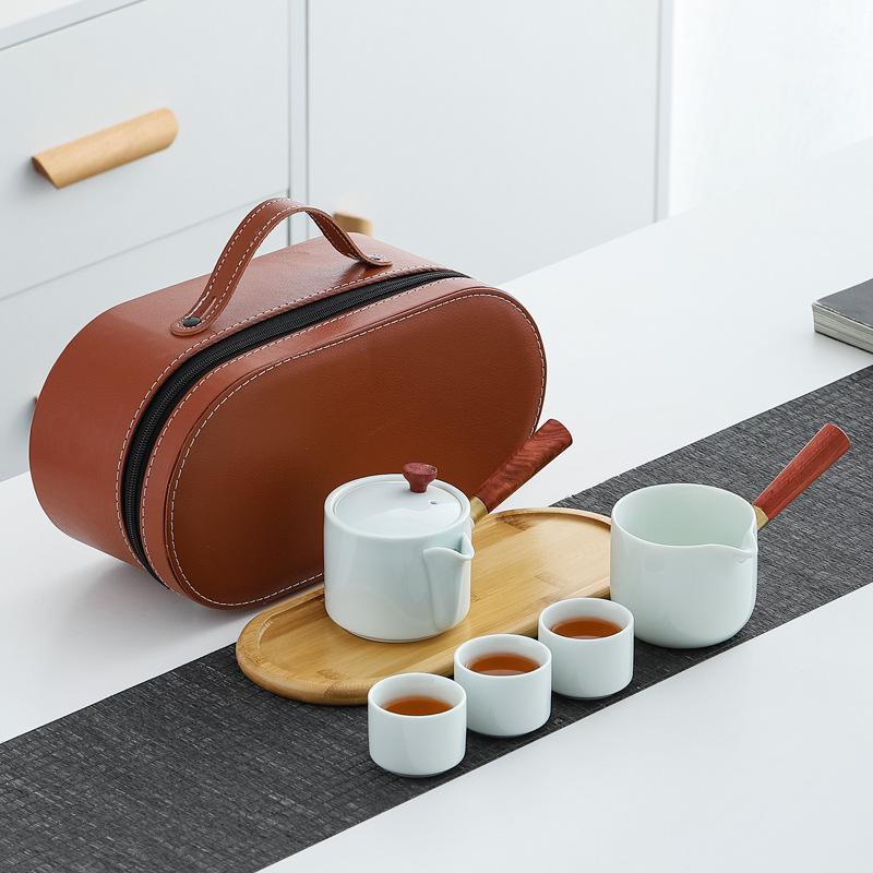 Gift travel tea set, portable bag, ceramic side handle pot, outdoor pot, three cups, simple gift for customers