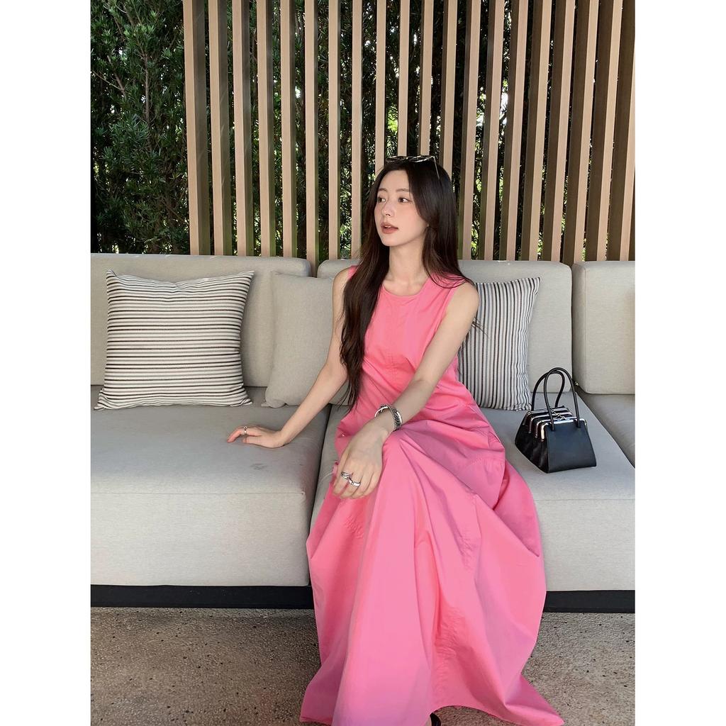French Holiday Style Sleeveless Dress Women's Summer New Rose Red Waist Long Dress Niche Design Temperament