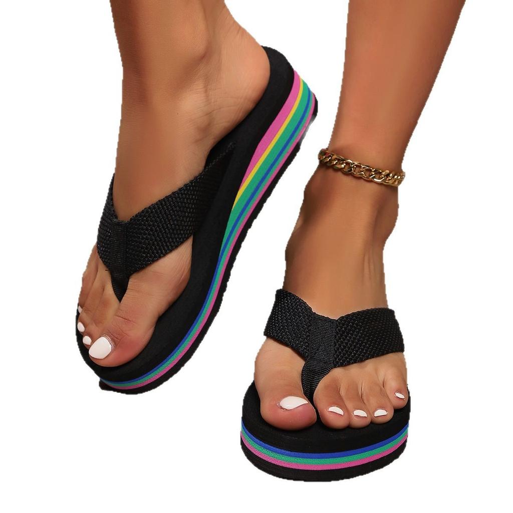 2025 Rainbow Striped Pinch Flip-flops New Slope Heel Seaside Beach Casual Thick-soled Cool Slippers