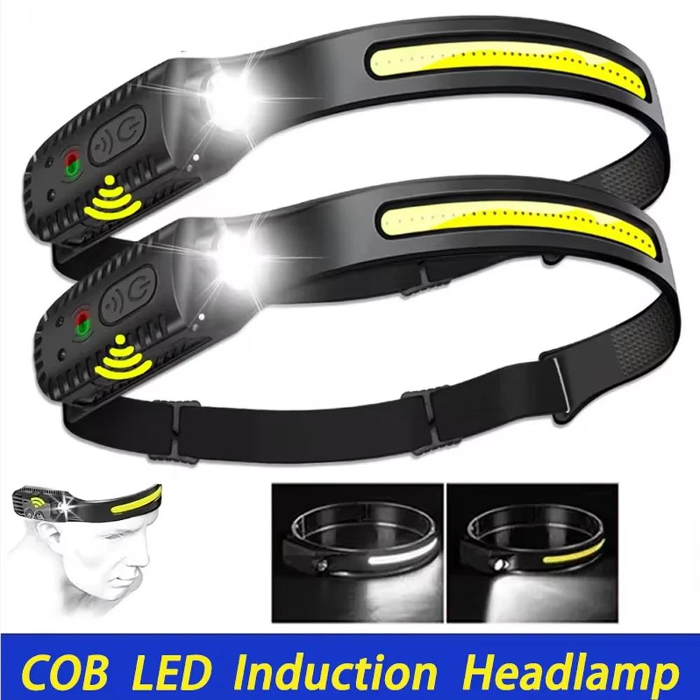 Indukční čelovka COB+LED Čelová svítilna Vestavěná baterie Dobíjecí USB Venkovní Vodotěsná Kempování Rybaření Pracovní lucerna