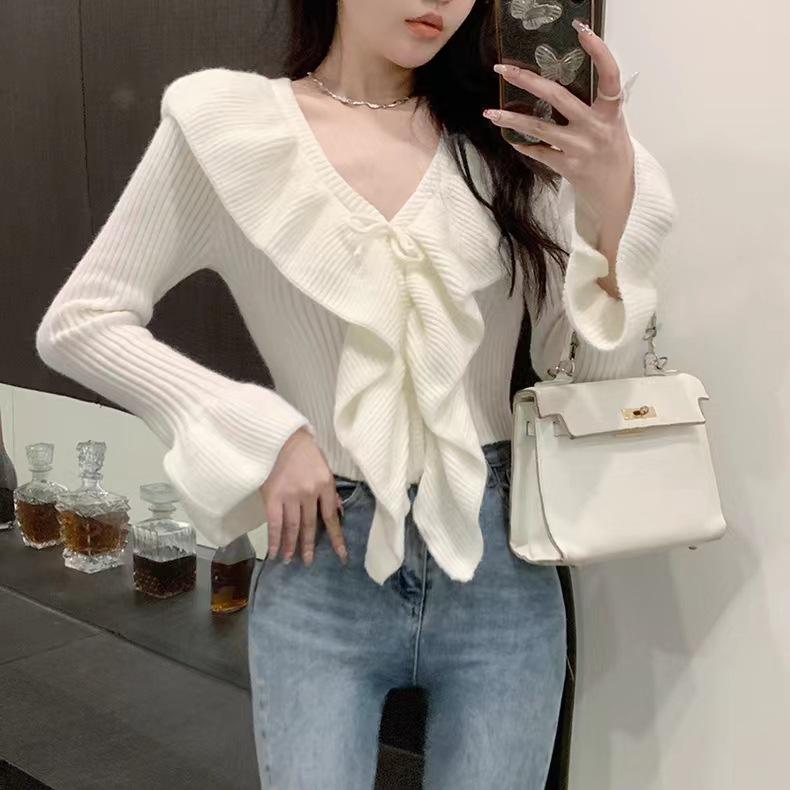 

Короткий женский вязаный свитер с V-образным вырезом и принтом листьев лотоса, облегающий однотонный свитер с рукавами-лепестками, топы для французских леди One Size белый