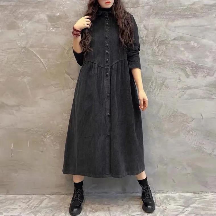 Women's Casual Retro Style Dress with Turn-down Collar and Long Sleeves