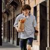 Li Ning Weekend Youth High Street American Vintage Striped Round Neck Casual Loose Soft Short Sleeve T-Shirt Unisex Tops Off-White Deep-Navy AHSU659-3