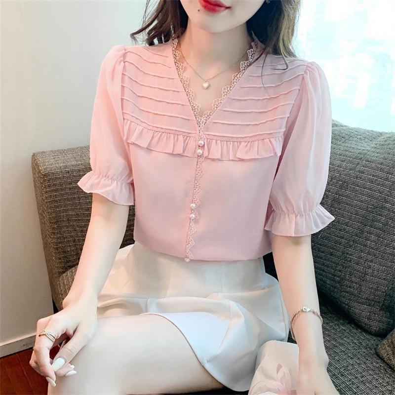 Women's Clothing Summer Fashion Ruffle Lace Patchwork Blouse Elegant Sweet Chic Shirt Casual Solid V Neck Short Sleeve Tops
