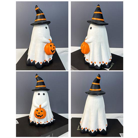 Halloween Ghost Statue Small White Ghost with Pumpkin Figurine Cute Ghost Resin Tabletop Ornament for Indoor Outdoor Halloween Decor