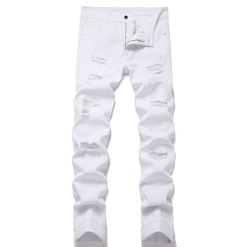 Men's Distressed Straight-Leg Slim-Fit Non-Stretch Denim Jeans Ripped Long Pants