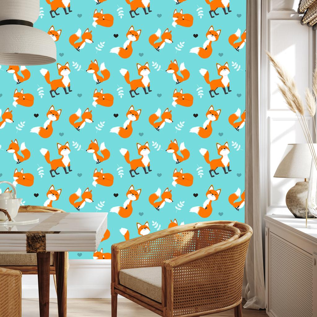 Joyful foxes with hearts wallpaper for living room and bedroom 50x1000