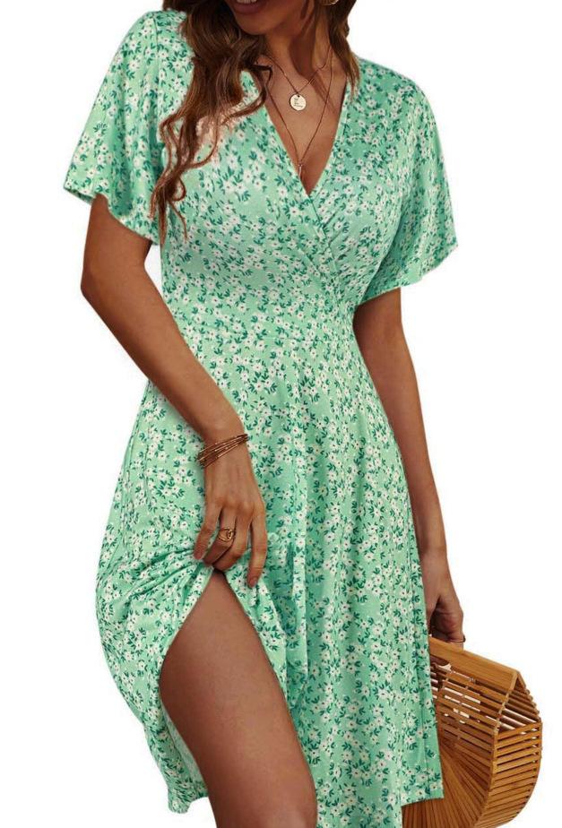 Summer Floral Short Sleeve Wrap V-Neck A Line Midi Dress