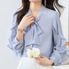 Long Sleeve Button Up Womens Shirts With Bow Fashion Elegant Women Blouses Chiffon Office Lady Tops Blue Clothes 29317