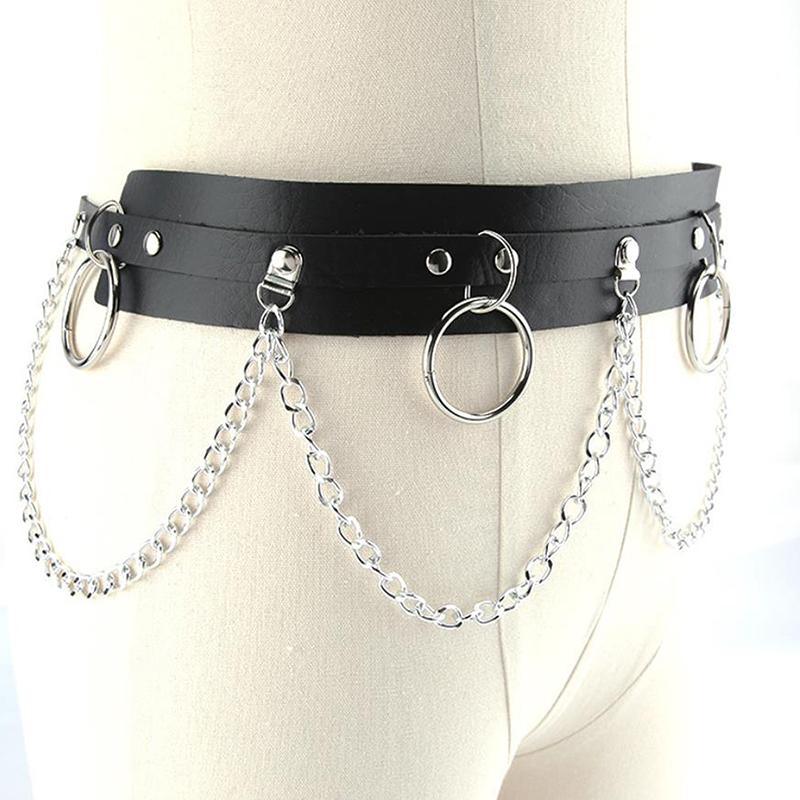 Faux Leather Metal Circle Chain Tassel Waist Belt Punk Gothic Body Accessories