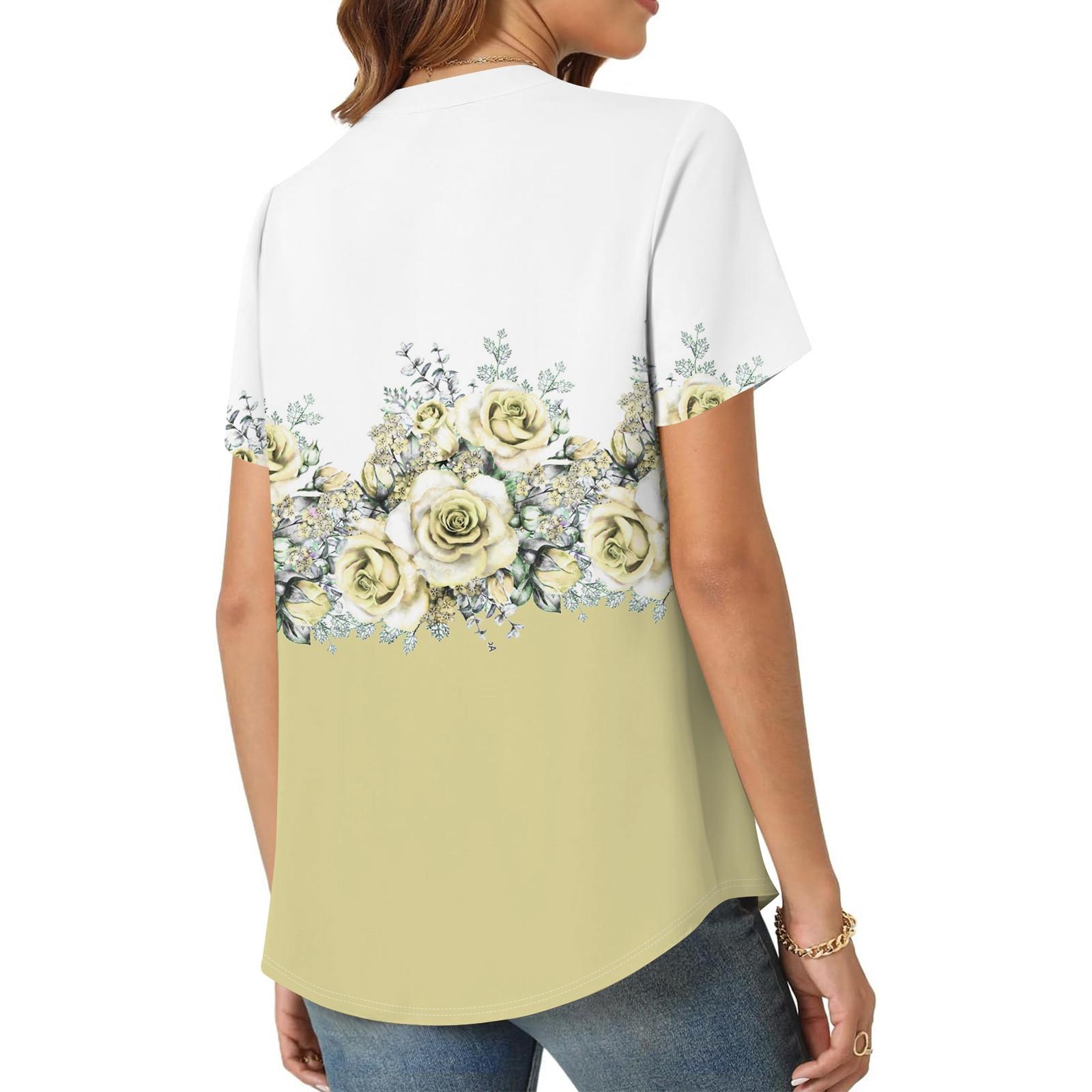 Женская повседневная свободная футболка с коротким рукавом и v-образным вырезом на груди — фото 11