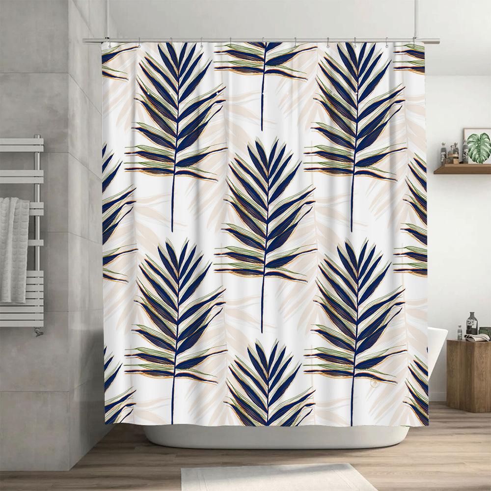 Exotic Palm Leaves Shower Curtain Luxury Floral Bath Decor with Blue Stripes Design for Bathroom DecorationsSize: 180x180cm (Whi