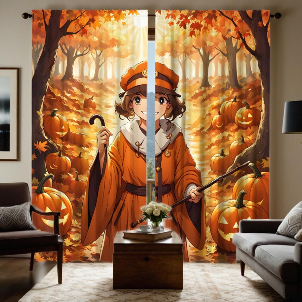 2 pièces HD Feuille d'érable Forêt Prince Jack-o '-lantern rideau avec canne à la main Cravate jaune rideau imprimé numérique Décoration de la maison sty