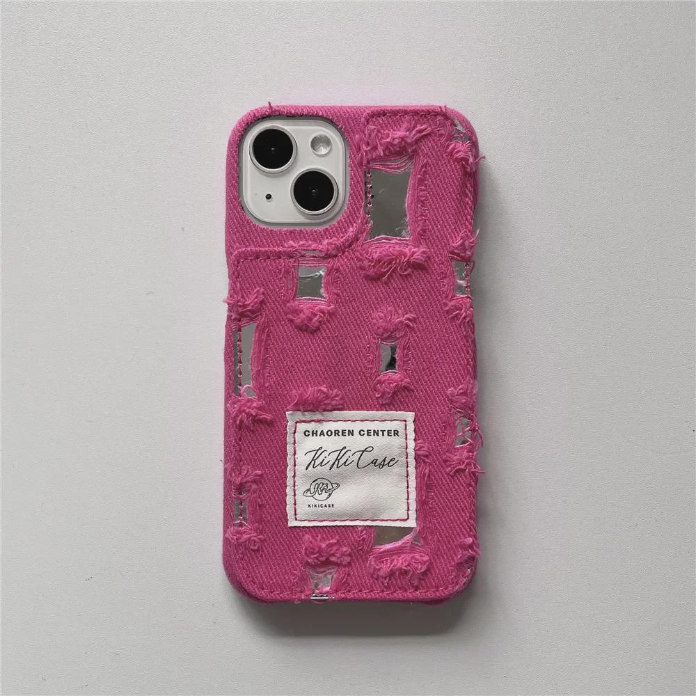 Džínový kryt na iPhone s otvorem pro zrcátko pro 15/14/13 Pro, 12/11 - Kreslená tvrdá ochrana