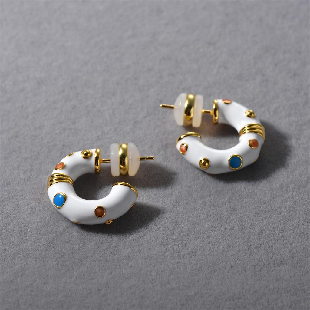 Spring And Summer Blogger, The Same Enamel Drop Glaze C-Shaped Earrings Are Inlaid With Natural Stone Earrings Women