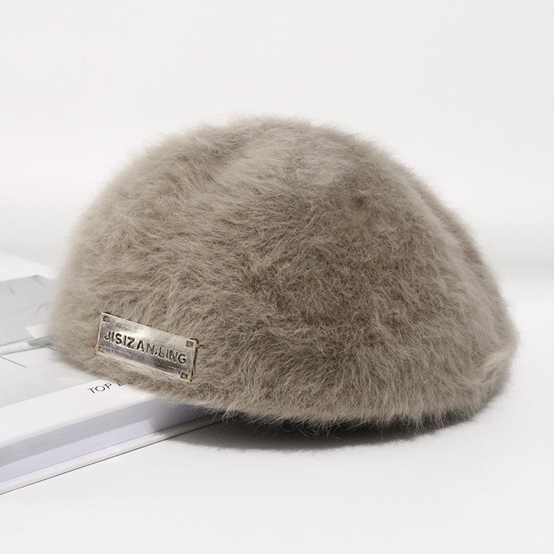 Women'S Reversible Rabbit Fur Beret Winter Warm Double-Sided Knit Hat Retro Painter Cap For Oval And Round Faces
