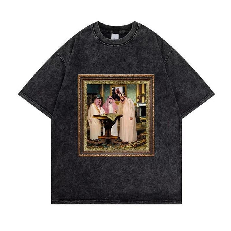 Hot Saudi National Day Graphic Print T-shirt Men Women Vintage Washed Cotton Loose Casual Oversized Top Harajuku Fashion Short Sleeve Summer New Tee