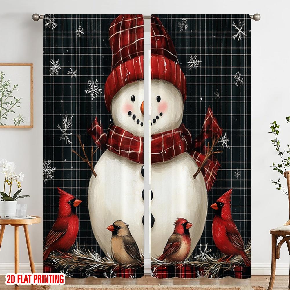 2pcs,2D Plane Printing Curtain Popular Cute Snowman Red Cardinal Christmas (3) Versatile Fabric (without Rod) Home Decor Ldeal