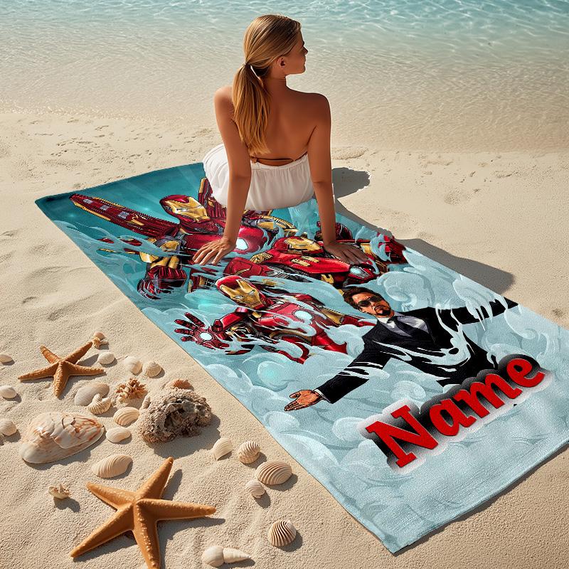 Custom Name Iron Man Flight Stylish Digital Printing Beach Towel Quick‑Drying Absorbent Blanket for Beach Pool Gym Travel