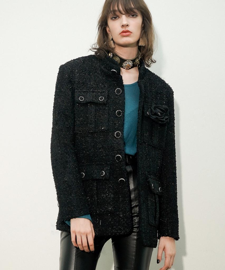 Untage Lame Boucle Tweed Field Jacket (Black)_Uto-Fb48