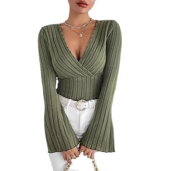 Women's V-Neck Ribbed Slim Long-Sleeve Autumn/Winter T-Shirt