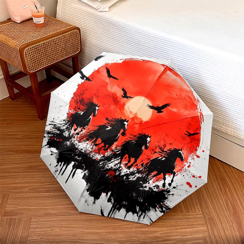 

1 PC Automatic Folding Umbrella - Horses Sunset Pattern, Portable & Foldable Design with 8 Ribs, Christmas Birthday Gifts
