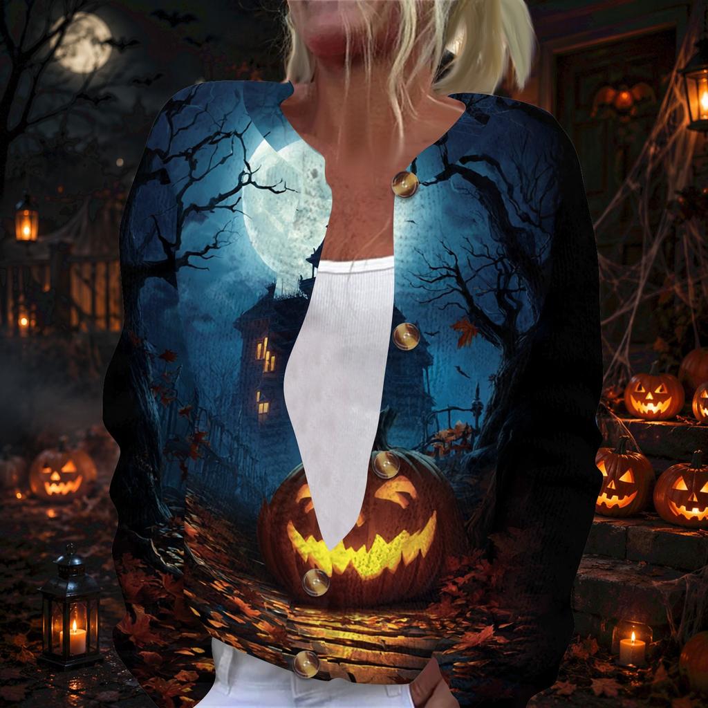 Women's Long Sleeve Halloween Print Cardigan with Button Front for Fall Festive Wear
