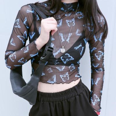 Camisa inferior de malla con cuello medio alto y perspectiva de mariposa para mujer, capa interior con protección solar de verano, camisa de gasa fina