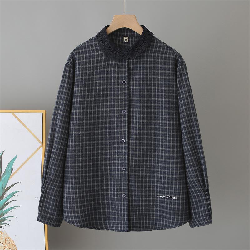 

Plus Size Women s 2026 Spring Plaid Coat with Lace Collar Cardigan - Slimming Long Sleeve Shirt 2XL темно-синий
