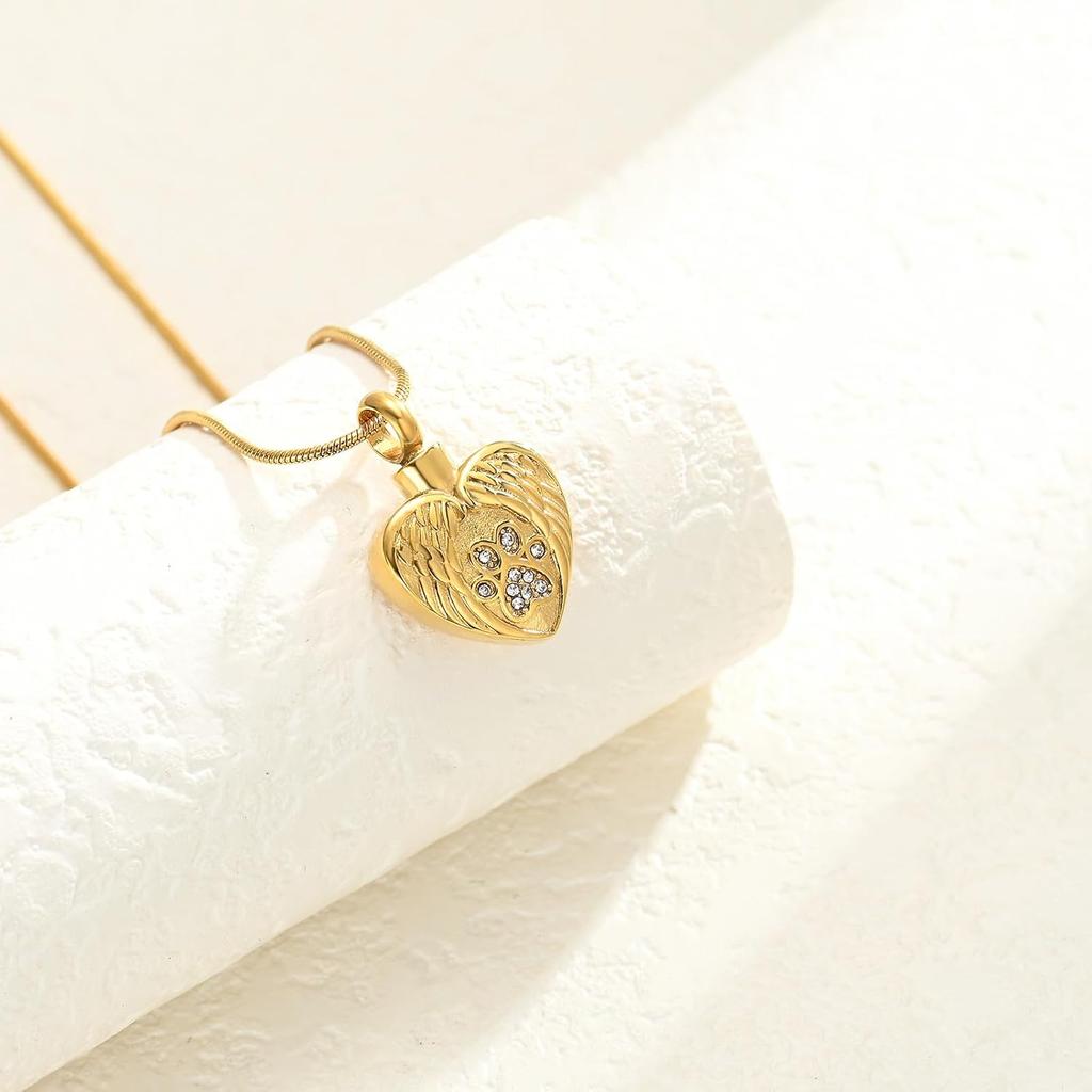 Heart Paw Print Urn Necklace for Ashes for Dog Cremation Jewelry Angel Wing Heart Urn Locket Pendant for Dog/Cat