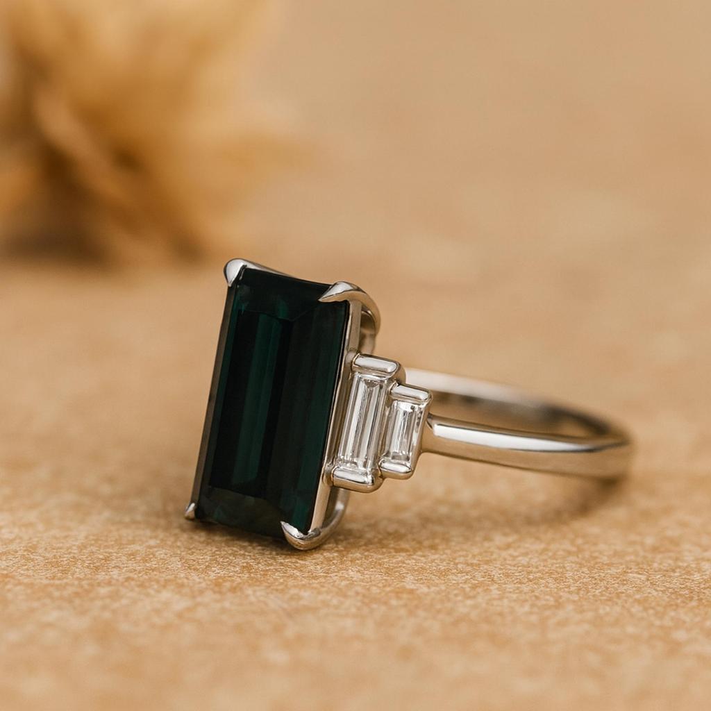 Emerald Cut Emerald Ring for Women | Baguette Cubic Zirconia Side Stones | 925 Sterling Silver Statement Ring | Wedding, Engagement, Anniversary Gift
