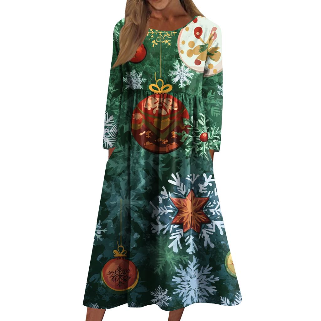 Damen Freizeitkleid mit Rundhalsausschnitt, Weihnachtsdruck, mittellang, langärmlig mit Tasche