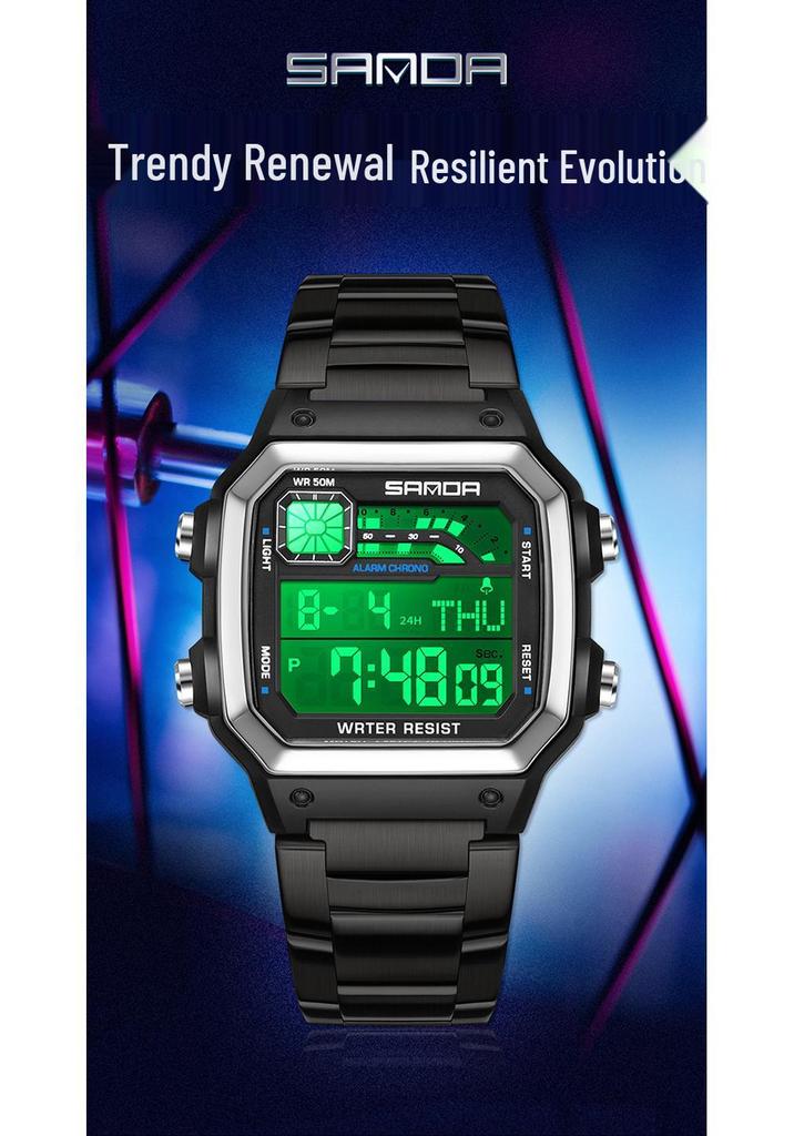 Sanda Men's Outdoor Sports Electronic Watch - Multifunctional, Waterproof, with Countdown and Snooze Feature.