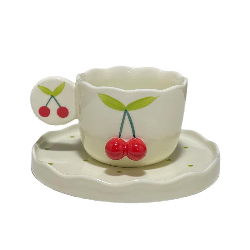 Japanese Hand-Painted Three-Dimensional Cherry Ceramic Cup And Saucer Cute Creative Home Coffee Cup And Saucer Set Personalized Birthday Gift