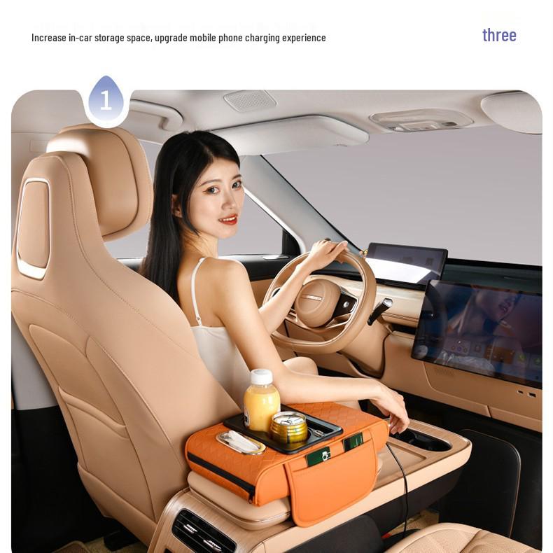 Rhombus Charging Car Armrest with Nappa Leather, Dual Cup Holder, Storage & Tissue Box.