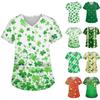 Women's V-Neck Saint Patrick's Day Print Short-Sleeve Pocket Side-Slit Top