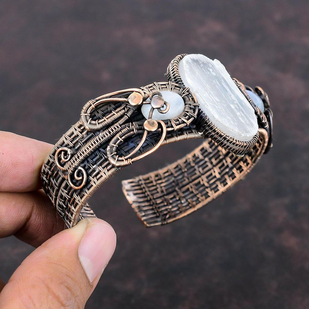 Pulseira de punho drusa de selenita, bracelete de pedra da lua arco-íris, pulseira de punho enrolada em fio de cobre, pulseira ajustável feita à mão, joias com pedras preciosas para presente