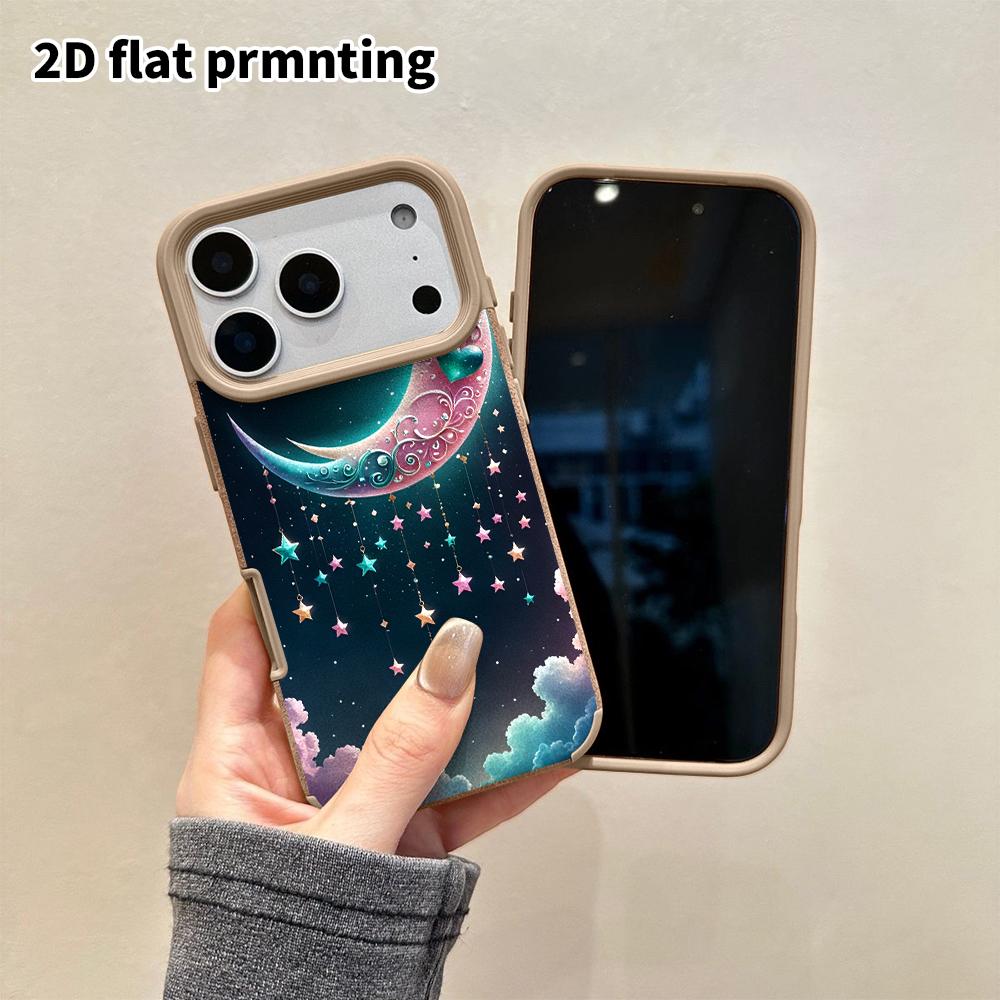 Phone Case: 2D Flat Lambskin Suitable for iPhone 18, 17, 16, 15, 14, 13 Pro Protective Cases, Crescent Moon Charm, Christmas and Halloween Gifts