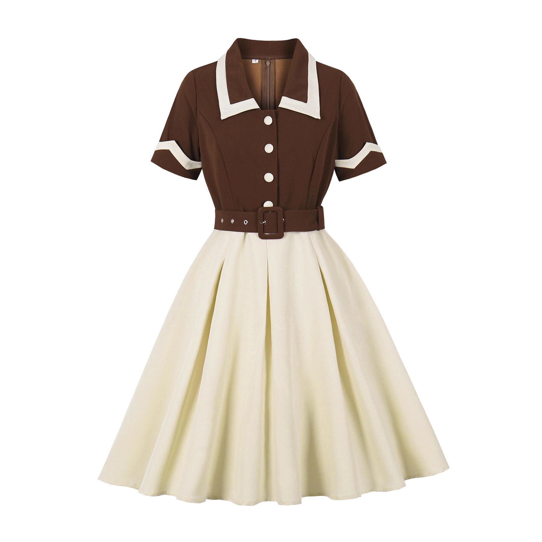 

Women s 2026 Spring/Summer Color Block Lapel Short Sleeve European Retro Style Dress L