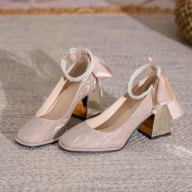 Temperament socialite high heels silver wedding shoes bridesmaid shoes autumn new square head mary pearl shoes