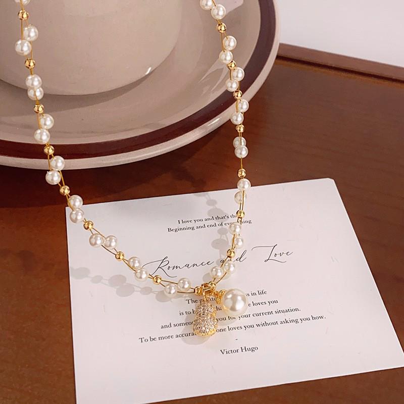 French Gold Diamond Pearl Necklace - Elegant Niche Design, High-End and Versatile Clavicle Chain