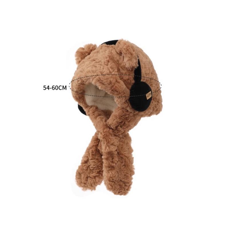 Bear with Headphone Hoodie Hat Scarf Set for Girls Winter Thickened Plush Earmuffs Warm Cap for Children Cute Outdoor Wear