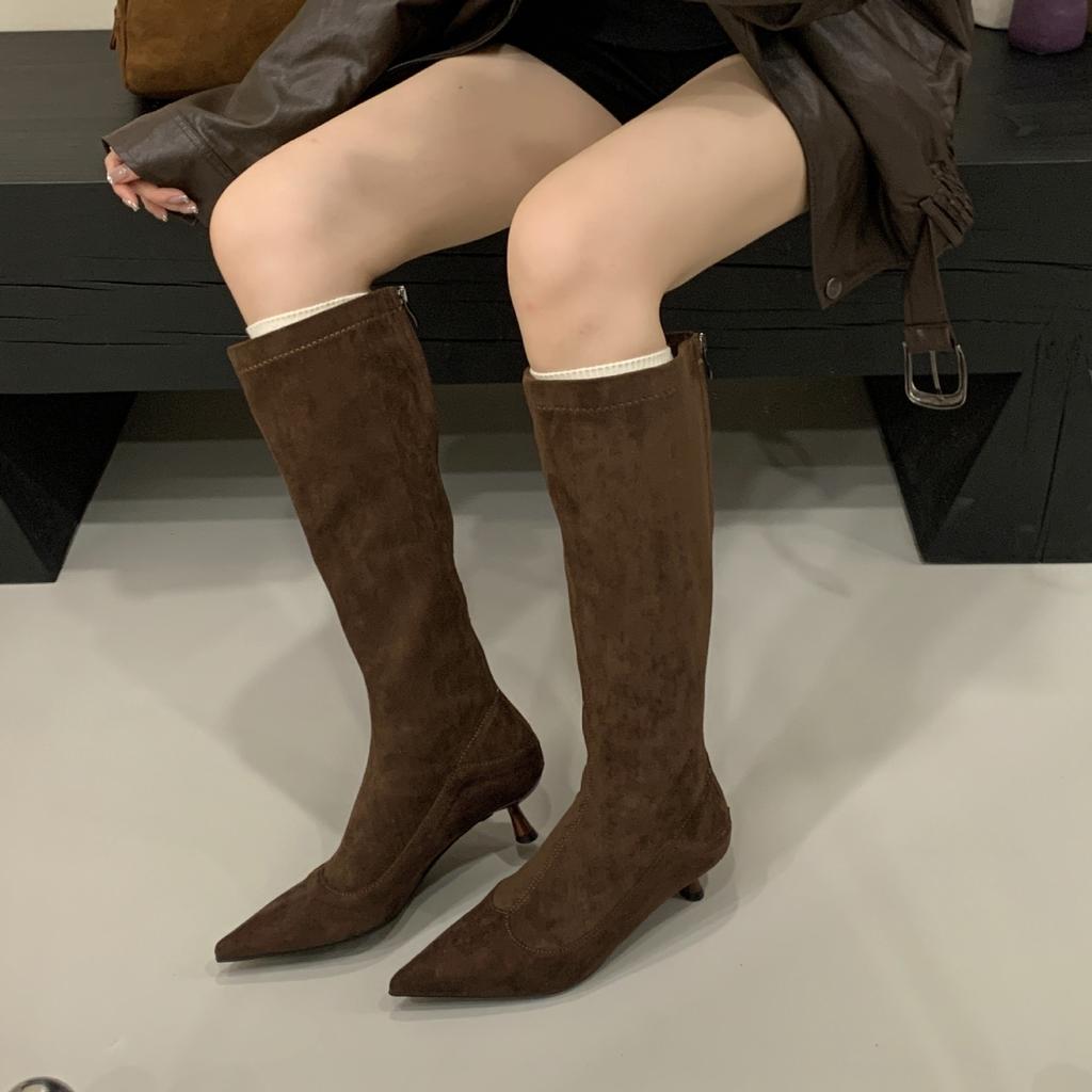 2025 New Fashion Versatile European and American Style Suede Pointed Head Thin Heel Low Heel Boots Thin High Boots Women