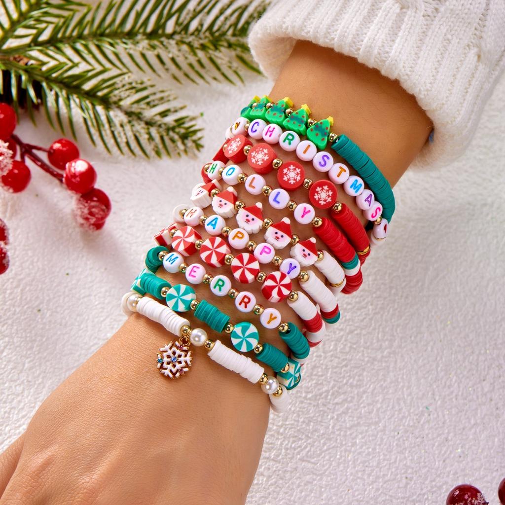 10Pcs/Set Christmas Snowman Heart Tree Gift Box Snowflake Santa Claus Soft Clay Beaded Multilayer Bracelet For Women Men Jewelry