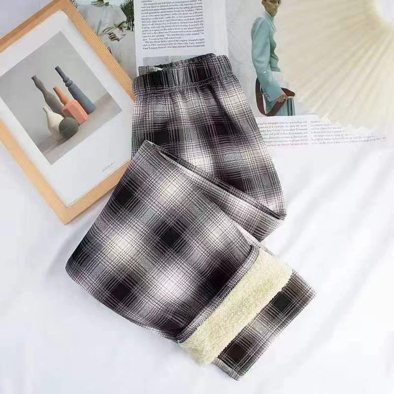 Women's Lambswool Plaid Fleece-Lined High-Waisted Loose Straight-Leg Wide-Leg Pants for Autumn/Winter 2025